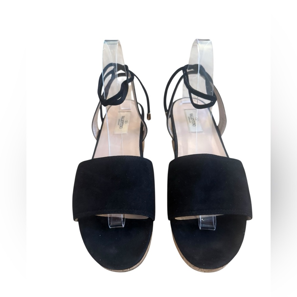 ERIN B. CORK-HEEL BLACK SUEDE SHOES SANDALS